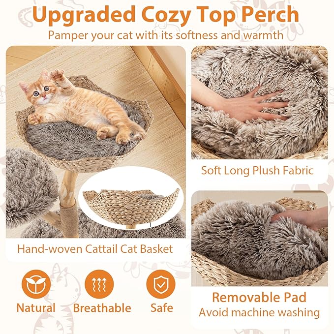 Tangkula Solid Wood Cat Tree, Multi-Level Cat Tower with Well-Woven Cattail Basket, Luxury Condo, Scratching Posts, Dangling Ball, Soft Long Plush Fabric, Modern Boho Cat Tree for Indoor Kittens