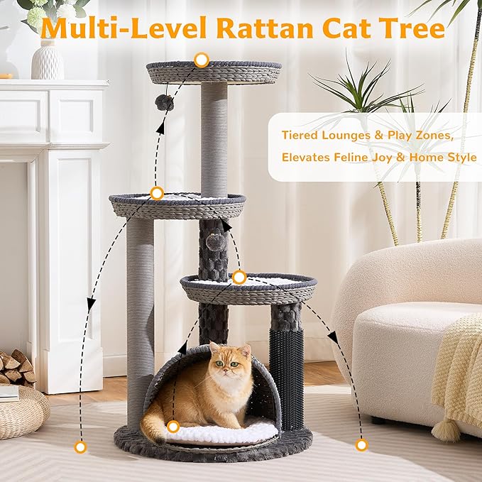 Modern Cat Tree Tower for Large Cat with Scratching Post for Indoor, 46 inch Multi-Level Cat Tower with Handwoven Beds, Cat Cave, Dangling Balls