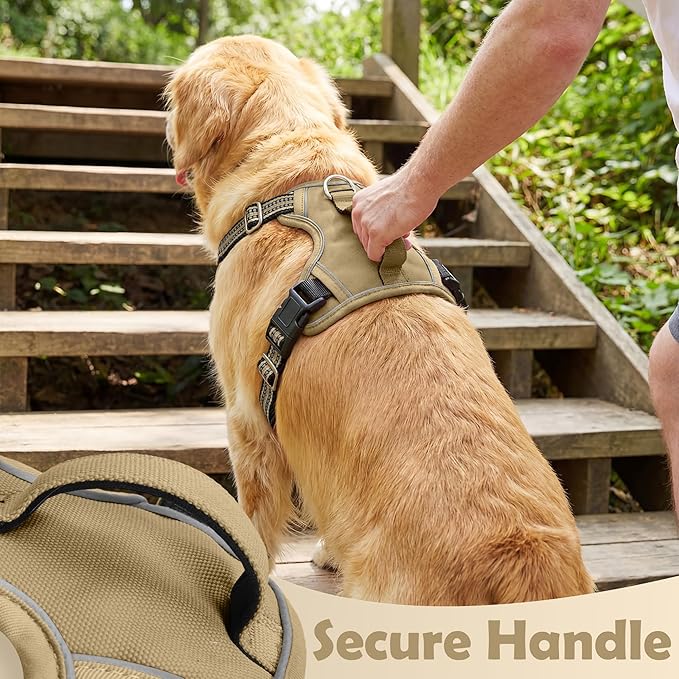 Funfox Dog Harness No Pull, Adjustable Pet Vest Harness, Super Soft Material with Vertical Handle Easy Control, Reflective Night Walking, 2 Leash Clips for Large Dogs, Brown, L