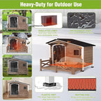 GUTINNEEN Heated Dog House Outdoor with Proch Weatherproof Dog Kennel with Heating Pad Anti-Chewing Iron Frame Dog Shelter for Small Medium Dogs(Dark Brown)