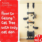 Cat Tree, Floor to Ceiling Cat Tower Adjustable Height [92.9-102.4in=235-258cm], 7 Tiers Cat Climbing Play House with Scratching Post, Cozy Condo&Hammocks for Indoor Cats, Smoky Grey