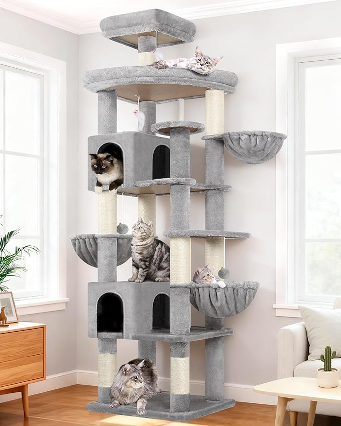 Globlazer Extra Large Cat Tree Tower, 82in Tall Heavy Duty Cat Tree for Indoor Cats Large Adult Big Cat Tower with 8 Scratching Posts, 2 Cat Condos, 2 Top Perches, 3 Hanging Baskets, S82, Light Grey