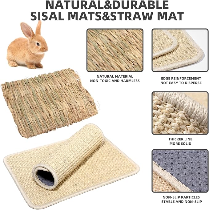 4 Pcs Rabbit Scratcher Mat, Rabbit Grass Mats for Rabbits Cage Accessories, Natural Sisal Cat Rabbit Scratching Pad, Natural Hay Woven Bed Mat for Bunny Cats Guinea Pig