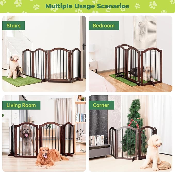 PrimeZone 96" Wide Dog Gate with Door - 30" Tall 4-Panel Solid Acacia Wooden Freestanding Puppy Gates, Foldable Indoor Pet Fence for Doorways, Stairs, Support Feet Included, Brown