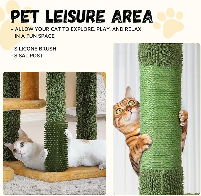 DWVO Cat Tree with Leaves for Large Cats: 72.8" Tall with Self-Grooming Brush, Cute Kitten Climbing Tower for Indoor Kittens with Cat Condo, Top Perch, Basktet, Sisal Scratching Posts, Dangling Ball
