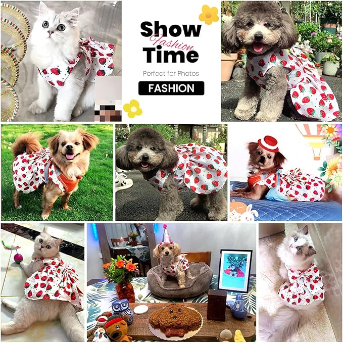Cute Dog Dress Small Dog Clothes For Girls Female Puppy Outfits Red Strawberry Pet Summer Clothes Bowknot Doggy Cat Princess Dresses Harness for Holiday Birthday Party Costume Clothing (Red,XS)