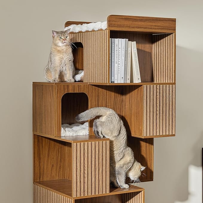 EUREKA ERGONOMIC Pawlio Cat Tree Bookshelf, Cat Bookcase, Modern Shared Bookshelf Cat Tree, Modern Pet Condo with Climbable Shelves, Indoor Dog and Cat Furniture, 72"(Walnut)