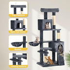 DWVO Cat Tower 70.8in for Indoor Cats: Multi-Tiered Feline Furnishing with Snug Cat Bed, Scratch Poles, Feline Window Cushioned Plush Roost for Young Cats Animal Activity Center Dark Gray