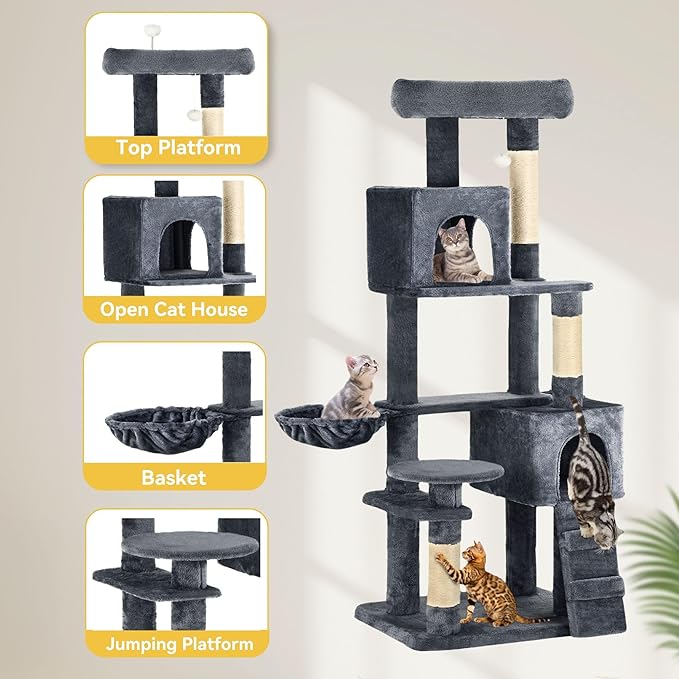 DWVO Cat Tower 70.8in for Indoor Cats: Multi-Tiered Feline Furnishing with Snug Cat Bed, Scratch Poles, Feline Window Cushioned Plush Roost for Young Cats Animal Activity Center Dark Gray
