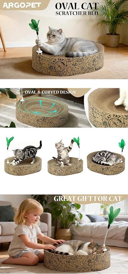 Cat Scratcher Cardboard 2in1 Oval Cat Scratcher Bed for Indoor Cats Cat Scratch Pad Bowl with Scratching Toy Corrugated Lounge Bed&Furniture Protector &Training Toy XL（Black）