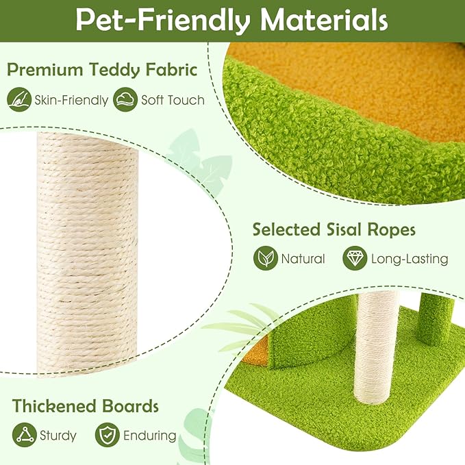 Tangkula Palm Cute Cat Tree, Cat Tower with Sisal Scratching Posts, Padded Top Perch, Condo, Self Groomer, Jumping Platforms & Dangling Balls, Unique Cat Tree Tower with Green Leaves for Indoor Cats