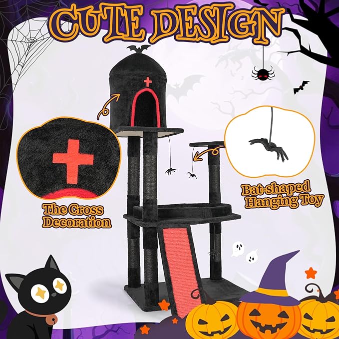 Outvita Gothic 53" Cat Tree with Coffin Bed, Large Cat Tower with Spacious Cat Condo, Scratching Posts, Spider Hanging Toys, Scratching Board, Multi-Level Cat Activities Furniture, Red & Black