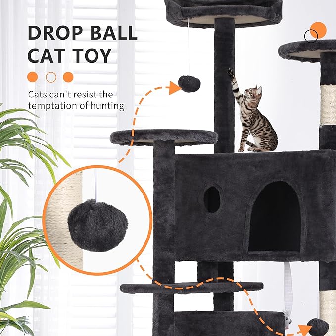 Heavy Duty Cat Tree, 70 Inch Tall Tower With 3 Top Perches Platforms & 2 Cozy Condos, Climbing Tower With Ladders & Sisal Pole, Scratching Tree for Large Cats Play House, Grey