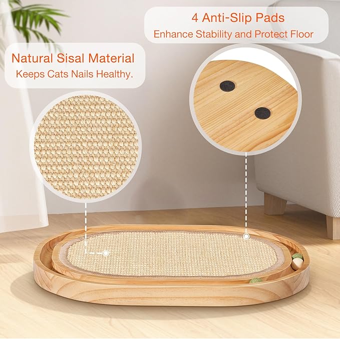 Oval Sisal Cat Scratcher with Ball Track - Woven Sisal Scratching Pad & Interactive Cat Toy, Wooden Track with 3 Toy Balls for Indoor Cats, No Assembly Needed