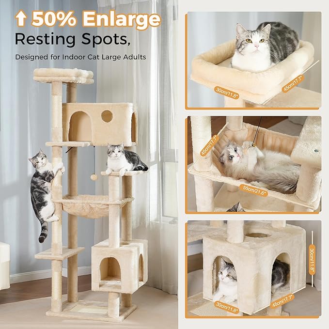 72” Cat Tree for Large Cats Big Cat Tower with Enlarged Hammock 21.6x17.7” Spacious Cats Condo House, Roomy Top Bed,Multiple Scratch Posts and Pad for Indoor Adult Cats (Beige, XLarge-72)