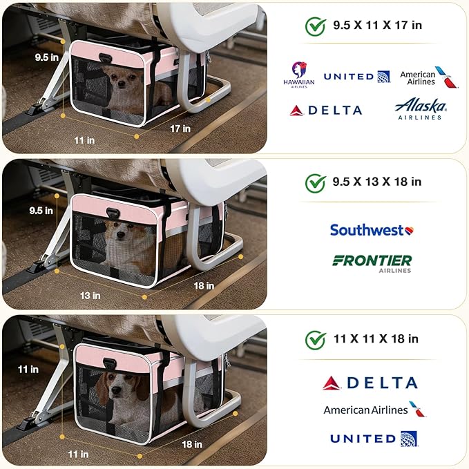 Lekereise Top-Expandable Pet Carrier 18x11x11Inch Delta American United Airline Approved Soft Sided Underseat to 15lbs Travel Carriers for Small Dogs Cats with Locking Safety Zippers Anti-Scratch Mesh