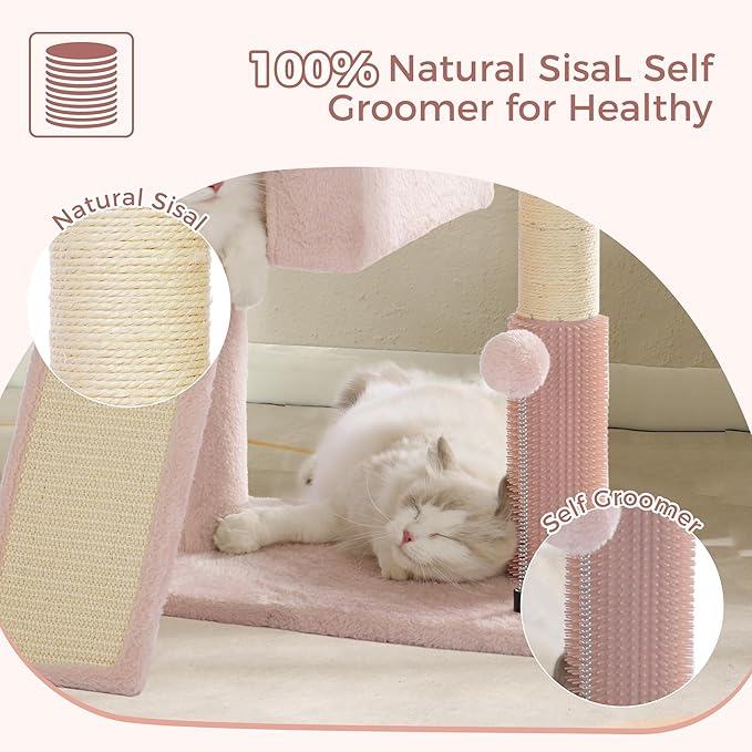 Pink Cat Tree Tower for Large Cats with Large Top Bed 20x13.8”Private Cat Condo,Sisal Scratching Post and Ramp and Self Groomer and Spring Ball-Pink