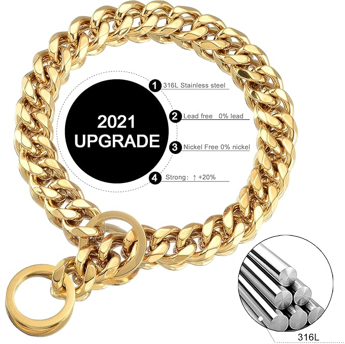 Dog Chain Collar 18K Gold High Polished Stainless Steel Cuban Link Strong Heavy Duty Chew Proof Walking Training Chain Leash Collar for Small Dogs(19mm, 16")