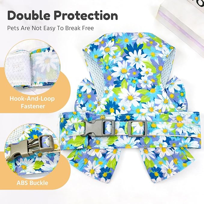 BAEJMJK Dog Harness and Leash Set with Bow Knot No Pull Pet Daisy Floral Harness with D-Ring Soft Mesh Dog Harness Vest Set Escape Proof Princess Puppy Harness for Small Girl Dogs Cats（Blue A S）