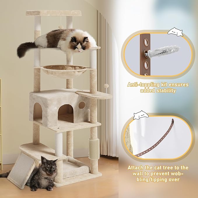 66 inches Cat Tree, Multi-Level Tall Modern Cat Tower for Indoor Large Cats Adult with Sisal Scratching Posts & Board, Padded Platforms, Hammock and Condo, Beige