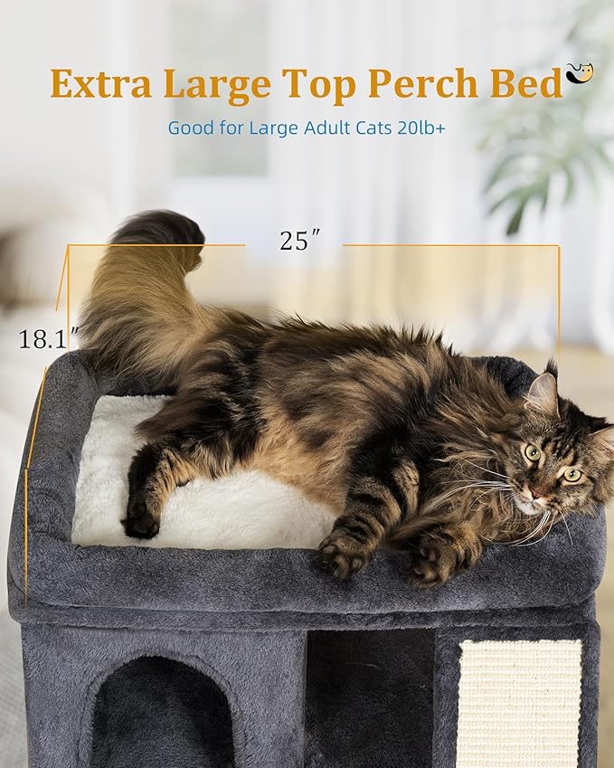 XL Cat Tree Tower for Large Adult Cats 20 lbs+, 25in Perch Bed, Condo Cave for Indoor Medium Kittens Rabbit Ferret Pet, Sisal Scratchers, Extra Large