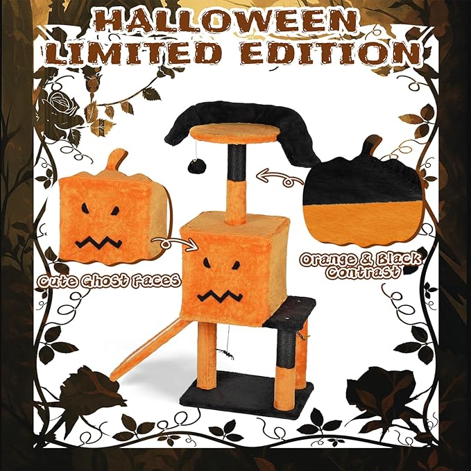 Gothic Cat Tree, 39.4" Halloween Cat Tree, Black Cat Tower for Indoor Cats with Sisal Scratching Posts, for Indoor Cats with Spacious Cat Condo, Sisal Scratching Posts, Hanging Toys, Orange & Black