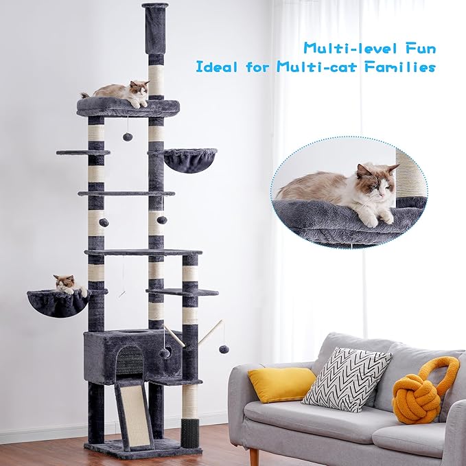 Hey-brother Cat Tree, 98.4-110.2 Inches Floor to Ceiling Cat Tree-Adjustable Height, Tall Cat Climbing Tower for Cats Large Adult with Scratching Post, Cat cando, Smoky Gray 0MPJ091G