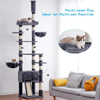 Hey-brother Cat Tree, 98.4-110.2 Inches Floor to Ceiling Cat Tree-Adjustable Height, Tall Cat Climbing Tower for Cats Large Adult with Scratching Post, Cat cando, Smoky Gray 0MPJ091G
