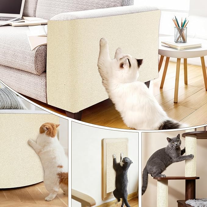 Cat Scratch Mat for Couch, Wall & Cat Tree - 78.7" Trimmable Self-Adhesive Cat Scratcher, Cat Scratch Furniture Protector, Felt Alternative to Sisal, DIY Cat Tower Replacement, 2 Pack (Beige)