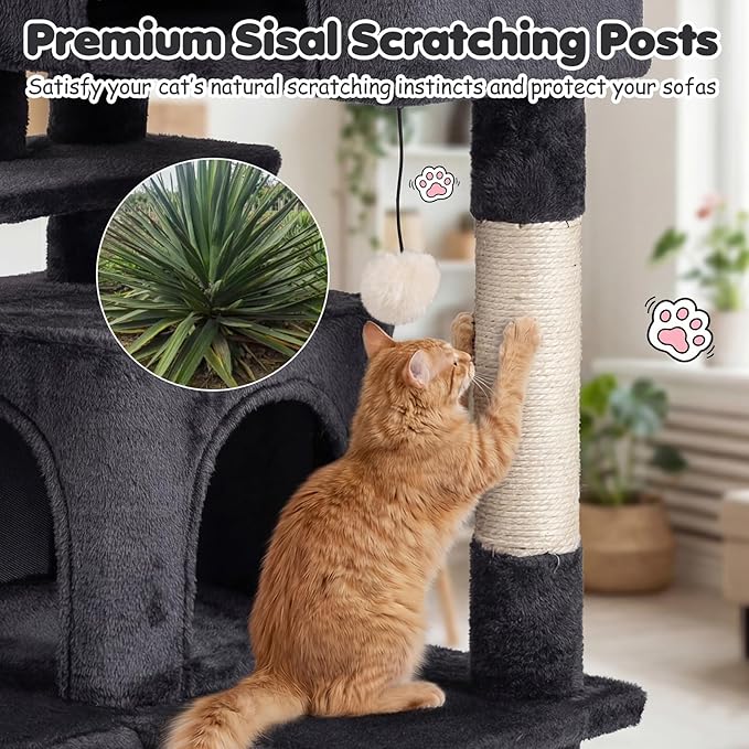 Tangkula Cat Tree Tower, 52 Inch Multi-Level Cat Tower with Sisal Scratching Posts, Cushioned Top Perch, Large Dual Condos & Ladder, 2 Hanging Balls, Jumping Platforms for Indoor Cats (Dark Gray)