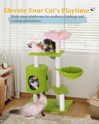 41.2'' Flower Cat Tree with 3 Scratching Posts, Small Cat Tower Cute for Indoor Girl Cat, Cozy Condo Cave Hammock Perch Bed for Kitten Pet, Green