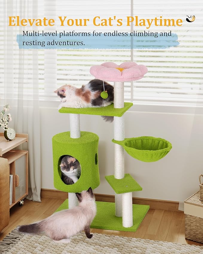 41.2'' Flower Cat Tree with 3 Scratching Posts, Small Cat Tower Cute for Indoor Girl Cat, Cozy Condo Cave Hammock Perch Bed for Kitten Pet, Green
