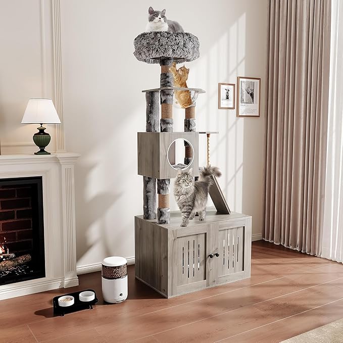 Cat Litter Box Enclosure with Cat Tree Tower and Condo, Hidden Cat Washroom Furniture with Sisal Scratching Post and Soft Plush Perch, Wooden Cat Furniture with Multiple Platforms