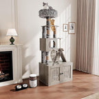 Cat Litter Box Enclosure with Cat Tree Tower and Condo, Hidden Cat Washroom Furniture with Sisal Scratching Post and Soft Plush Perch, Wooden Cat Furniture with Multiple Platforms