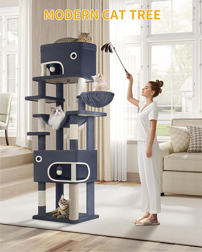 79.9 inch Cat Tree for Indoor Cats, Multi-Layer Scratching Post with Large Platform, 2 Caves, 7 Sisal Posts, Pompoms, Cat Basket, Hammock, Suitable for Cats, Dark Gray MS20318SG