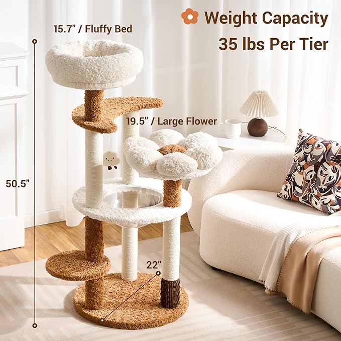 Modern Cat Tree Tower with Scratching Post for Indoor Cats Up tp 15lbs, 50.5" Tall Cat Tree with Flower/Fluffy Cat Beds, Acrylic Capsule, Multi-Level Platforms & Interactive Toy, White & Brown
