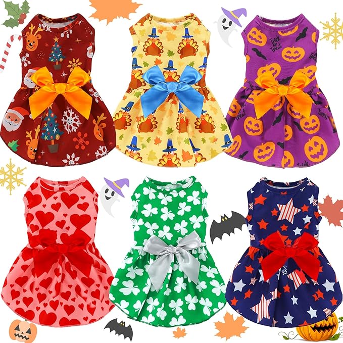 Frienda 6 Pack Valentines Day Dog Costume St. Patrick's Independence Day Christmas Halloween Thanksgiving Dress Bow Puppy Pack Girl Cat Birthday American Flag Dog(S (3-5lbs))