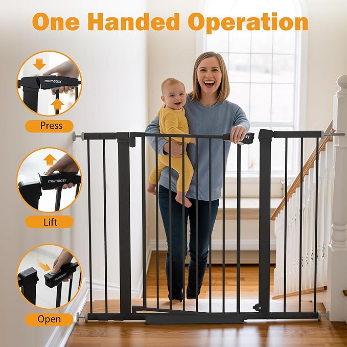 Mumeasy 29.6-46" Baby Gate for Stairs, Pressure Mounted Dog Gate for Doorways, Auto Close Pet Gate for Indoor Use, Extra Wide Child Gate with Walk Thru Door Black, Mom's Choice Awards Winner