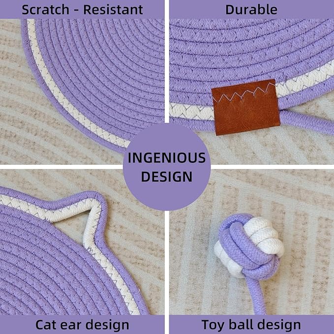 Cat Scratcher Mat, Natural Cotton Rope Cat Scratching Pad, 16.9'' Round Cat Wall & Floor Scratch Pad, Durable Double - Sided Cat Scratcher, Furniture Protector for Wall, Sofa, Couch, Carpet, Violet