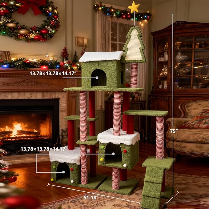 75" Christmas Cat Tree Tower for Indoor Cats,Multi-Level Cat Climbing Tower with Cat Condos, Top pad, Plush Toy, Grab Bar and Board, Kittens Play Activity Center (75 Inch)