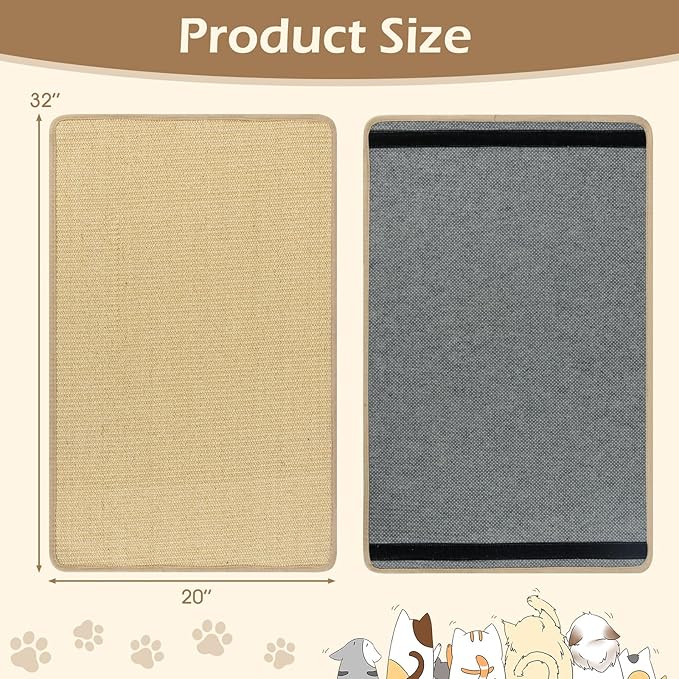 PETSITE Cat Scratcher Mat, Natural Sisal Scratching Mats, Horizontal Cat Floor Scratching Pad Rug with Adhesive Hook Loop Tapes (4, 31.5 x 19.69 in)