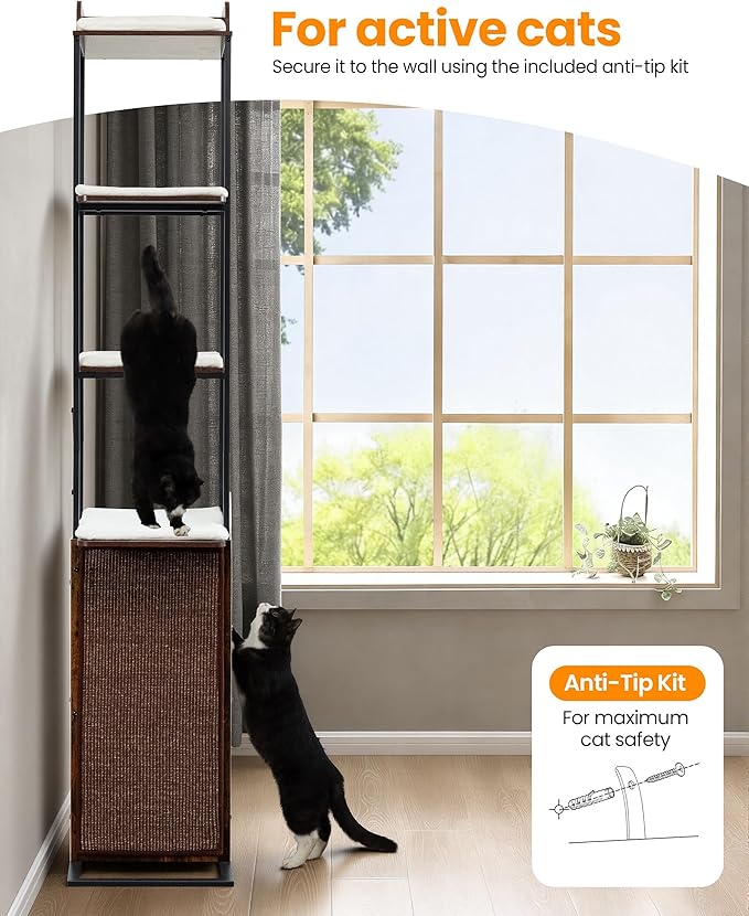 Wood Cat Tree Tower, 84 Inch Modern Extra Tall Cat Condo Trees for Indoor Cats Large Adult, XL Multi-Level Heavy Duty Wooden Sturdy Cat House Furniture with Platform Perch Bed Scratching Post