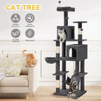 DWVO 75-inch Indoor Cat Tree Tower, Multi-Level Pet Playground, Cat Furniture with Scratch Posts, Hideaway Condos, Soft Perch, Snug Hammock, Climbing Ladder, and Plush Balls for Kittens (Dark Gray)