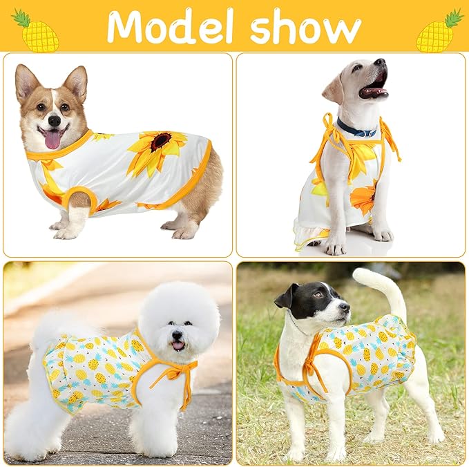 Frienda 4 Pieces Dog Clothes Set Include 2 Pcs Cute Pet Dress Lovely Dog Dress and 2 Pcs Breathable Pet T Shirt Puppy Clothes(Pineapple, Sunflower,Small)