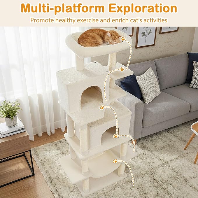Tangkula 70 Inch Tall Cat Tree, Multi-Level Large Cat Tower with Sisal Scratching Posts, Plush Top Perch, 2 Condos, Hammock, 2 Dangling Balls, Cat Tree Tower for Indoor Cats Large Adults (Beige)