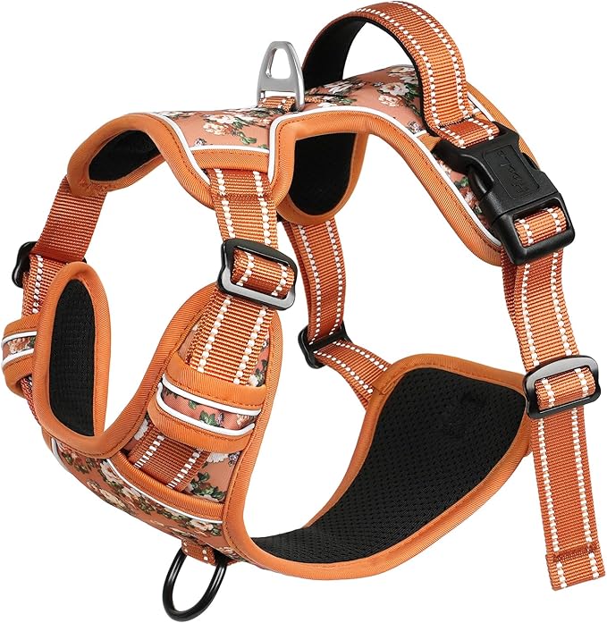 HEELE Dog Harness, No Pull Adjustable Padded Reflective Harness for Small Medium Large Dogs with Handle for Walking Training, Flower-Orange,M