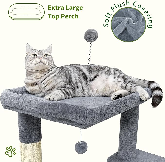 Cat Tree Tower for Indoor Cats, Adult Cat Tree House for Large Adult Cats with Steps, Scratching Post, 3 Cat Caves, Dangling Toys (Grey)