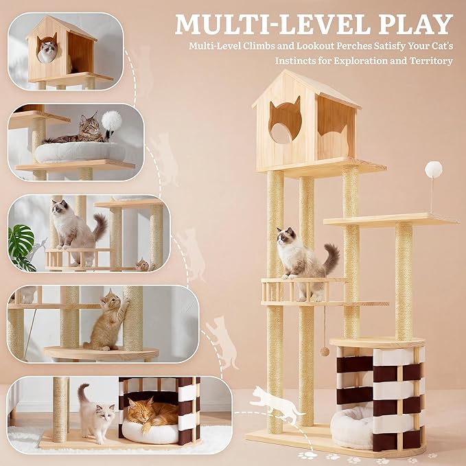 YITAHOME Stable Pine Wood Cat Tree, Multi-Level Cat Tower with Observation Perches, Sisal Scratching Posts, Removable Plush Bed & 2 Interactive Sisal Balls, Cat Furniture