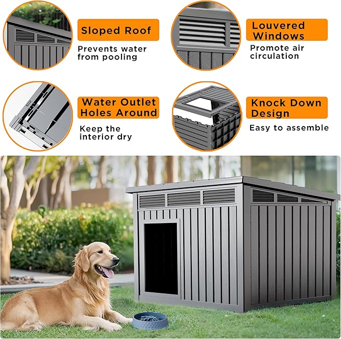 VIXZEN Dog House Outdoor, Indoor Dog House Medium Size Dog with Weatherproof PP Resin Material, Doghouse Outdoor with Openable Roof for Easy Cleaning, Sloped Roof, Air Vents, Easy Assembly (Gray)