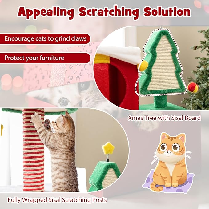 Tangkula 61 Inch Christmas Cat Tree, Multi-Level Tall Cat Tower with Sisal Scratching Posts & Board, 2 Gift Box-Shaped Cat Condos, Plush Padded Top Perch, Spring & Dangling Balls for Indoor Kittens